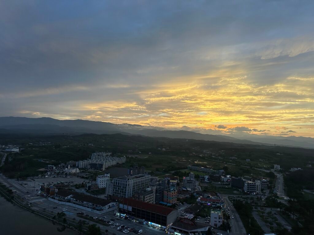 A panoramic view of Gangneung city seen from behind the hotel pool