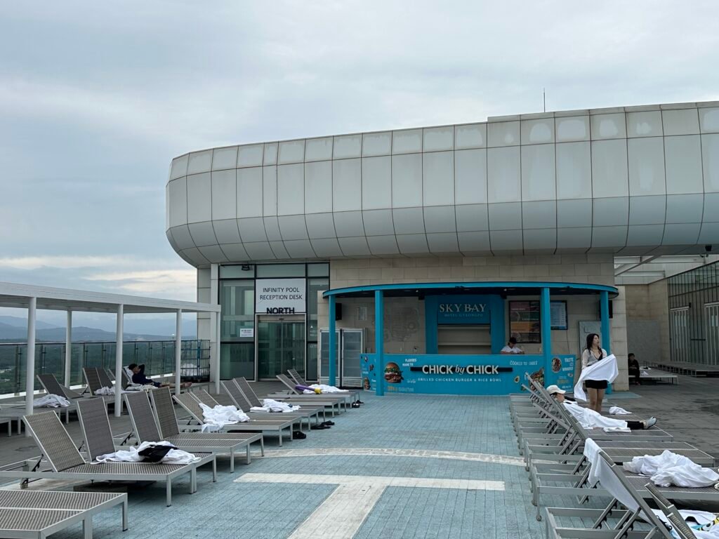 Sunbeds located on the rooftop of the hotel
