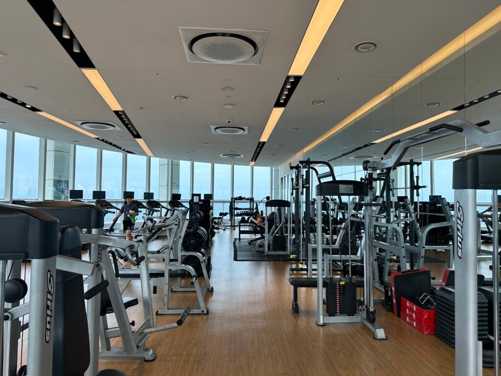 A hotel gym equipped with various workout machines and weight equipment