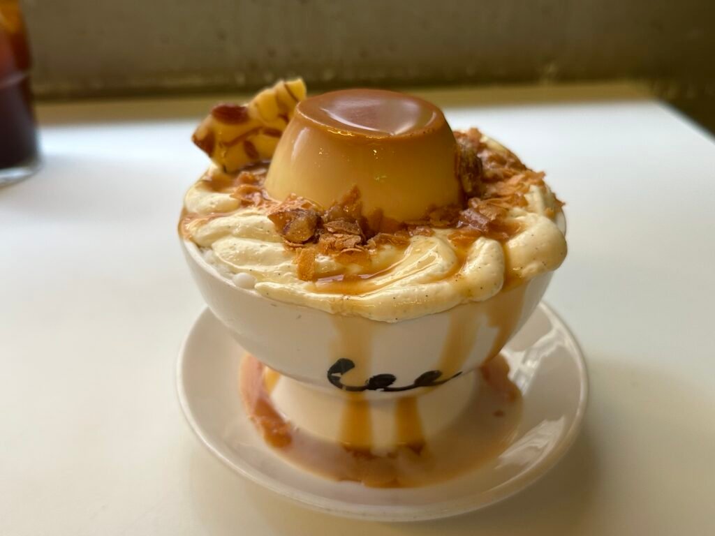 A close-up of pudding bingsu.